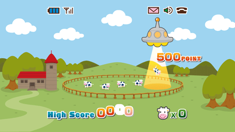 ケータイゲーム風の画面。UFOが牛を捕まえている！